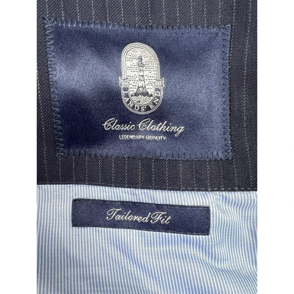 Lands' End Blazer Mens 38R Blue Pinstripe Wool Tailored Fit Sport Coat 2 Button